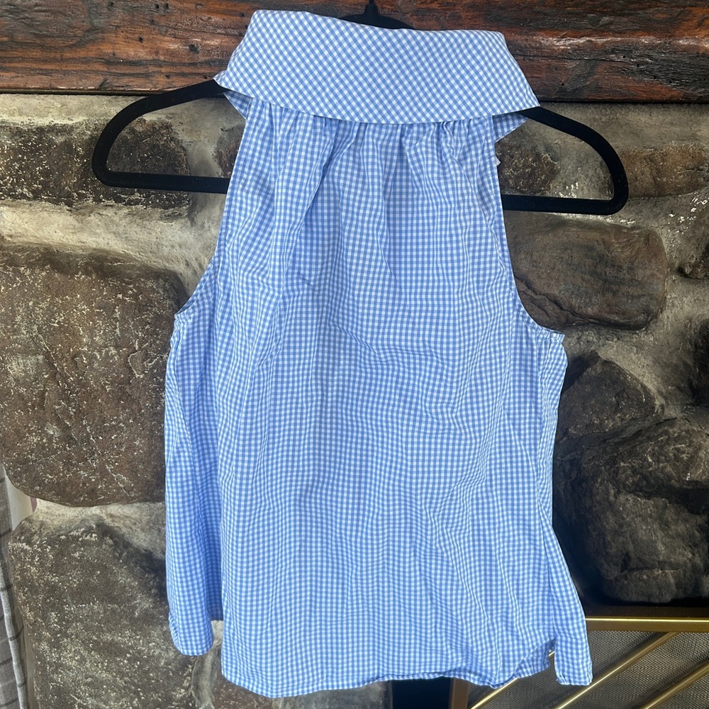 EUC Sail to Sable Blue Gingham with Gold Button Back Cowl Neck Top, XS